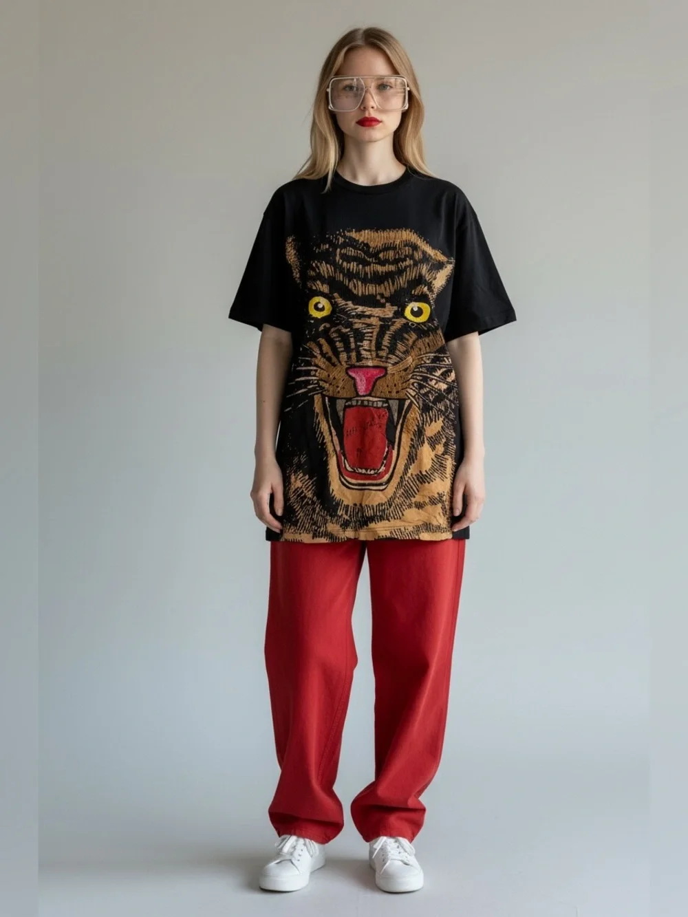 Gucci Black Tee with Large Beaded Tiger Face Graphic